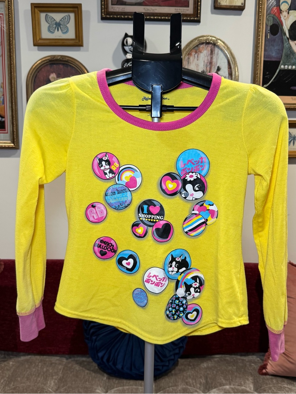 Y2K Yellow Long-Sleeve Button Badge Top with Pink Trim